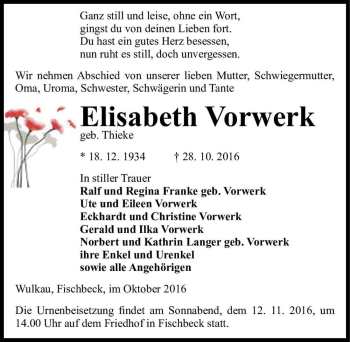 Traueranzeige von Elisabeth Vorwerk (geb. Thieke)  von Magdeburger Volksstimme