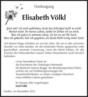 Traueranzeige von Elisabeth Völkl  von Magdeburger Volksstimme