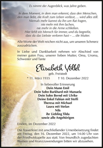 Traueranzeige von Elisabeth Völkl (geb. Freistedt)  von Magdeburger Volksstimme