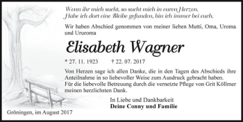 Traueranzeige von Elisabeth Wagner  von Magdeburger Volksstimme