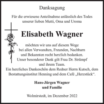 Traueranzeige von Elisabeth Wagner  von Magdeburger Volksstimme