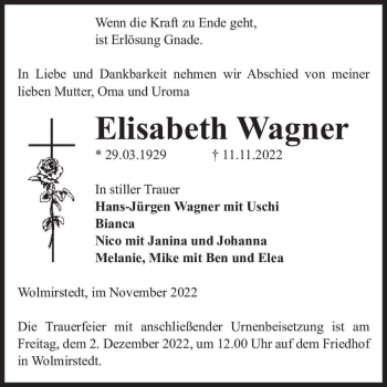 Traueranzeige von Elisabeth Wagner  von Magdeburger Volksstimme