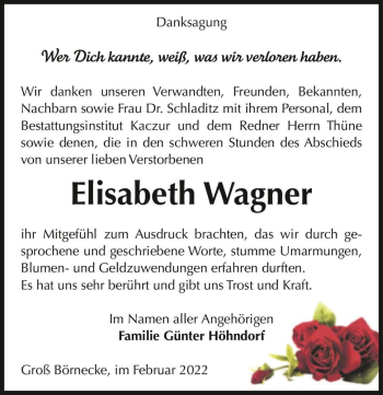 Traueranzeige von Elisabeth Wagner  von Magdeburger Volksstimme
