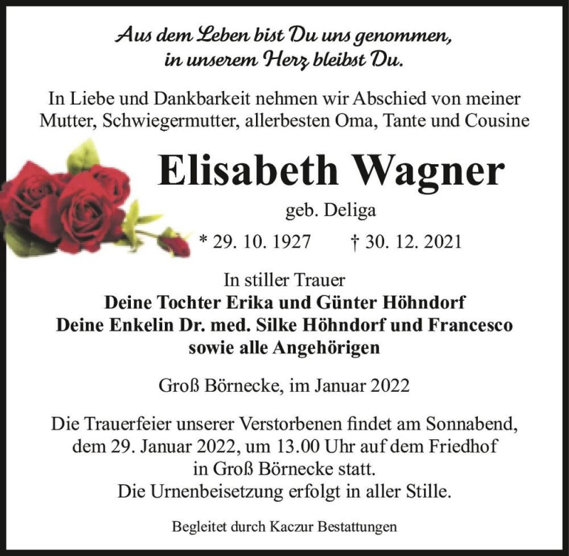  Traueranzeige für Elisabeth Wagner (geb. Deliga)  vom 08.01.2022 aus Magdeburger Volksstimme