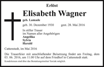 Traueranzeige von Elisabeth Wagner (geb. Lamade)  von Magdeburger Volksstimme