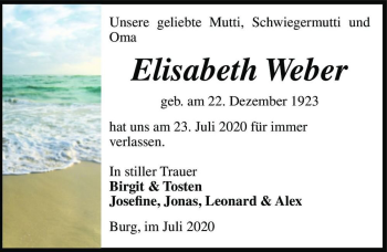 Traueranzeige von Elisabeth Weber  von Magdeburger Volksstimme
