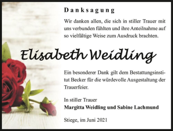 Traueranzeige von Elisabeth Weidling  von Magdeburger Volksstimme
