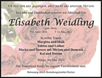 Traueranzeige von Elisabeth Weidling (geb. Streit)  von Magdeburger Volksstimme