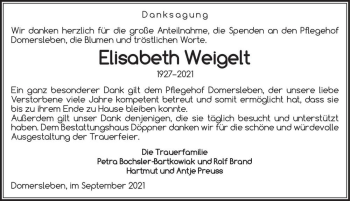 Traueranzeige von Elisabeth Weigelt  von Magdeburger Volksstimme