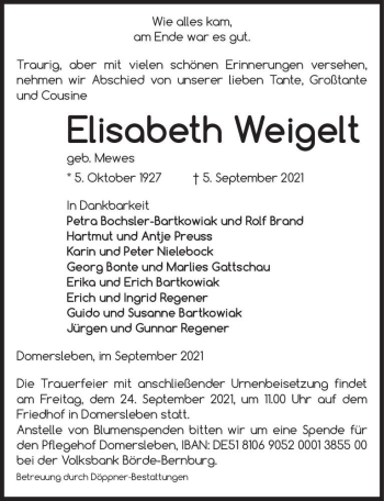 Traueranzeige von Elisabeth Weigelt (geb. Mewes)  von Magdeburger Volksstimme