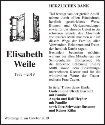 Traueranzeige von Elisabeth Weile  von Magdeburger Volksstimme