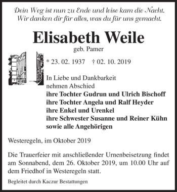 Traueranzeige von Elisabeth Weile (geb. Pamer)  von Magdeburger Volksstimme