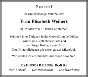 Traueranzeige von Elisabeth Weinert  von Magdeburger Volksstimme