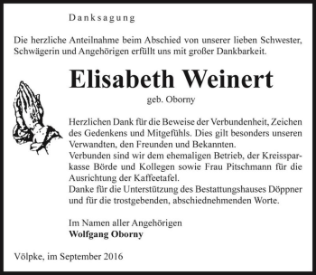Traueranzeige von Elisabeth Weinert (geb. Oborny)  von Magdeburger Volksstimme