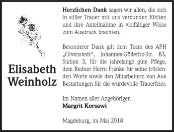 Traueranzeige von Elisabeth Weinholz  von Magdeburger Volksstimme