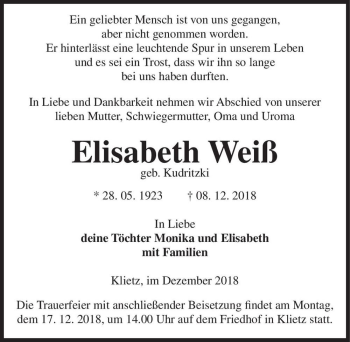 Traueranzeige von Elisabeth Weiß (geb. Kudritzki)  von Magdeburger Volksstimme