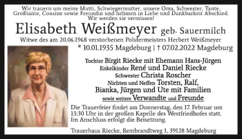 Traueranzeige von Elisabeth Weißmeyer (geb. Sauermilch)  von Magdeburger Volksstimme