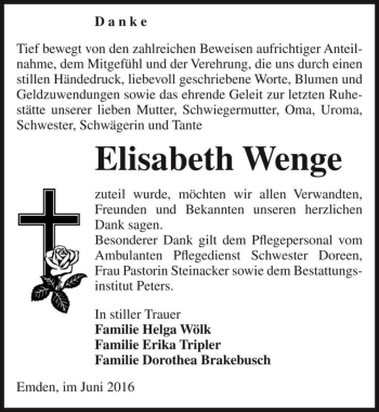 Traueranzeige von Elisabeth Wenge  von Magdeburger Volksstimme