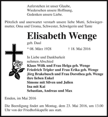 Traueranzeige von Elisabeth Wenge (geb. Daul)  von Magdeburger Volksstimme