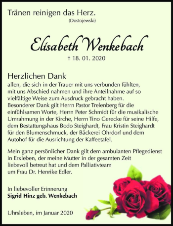 Traueranzeige von Elisabeth Wenkebach  von Magdeburger Volksstimme