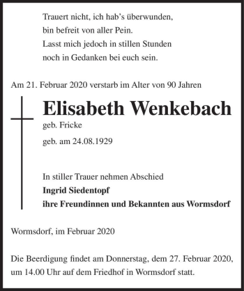 Traueranzeige von Elisabeth Wenkebach (geb. Fricke)  von Magdeburger Volksstimme