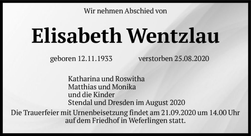  Traueranzeige für Elisabeth Wentzlau  vom 05.09.2020 aus Magdeburger Volksstimme