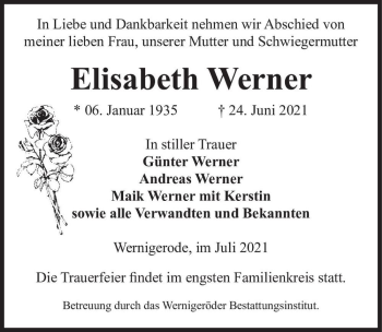 Traueranzeige von Elisabeth Werner  von Magdeburger Volksstimme