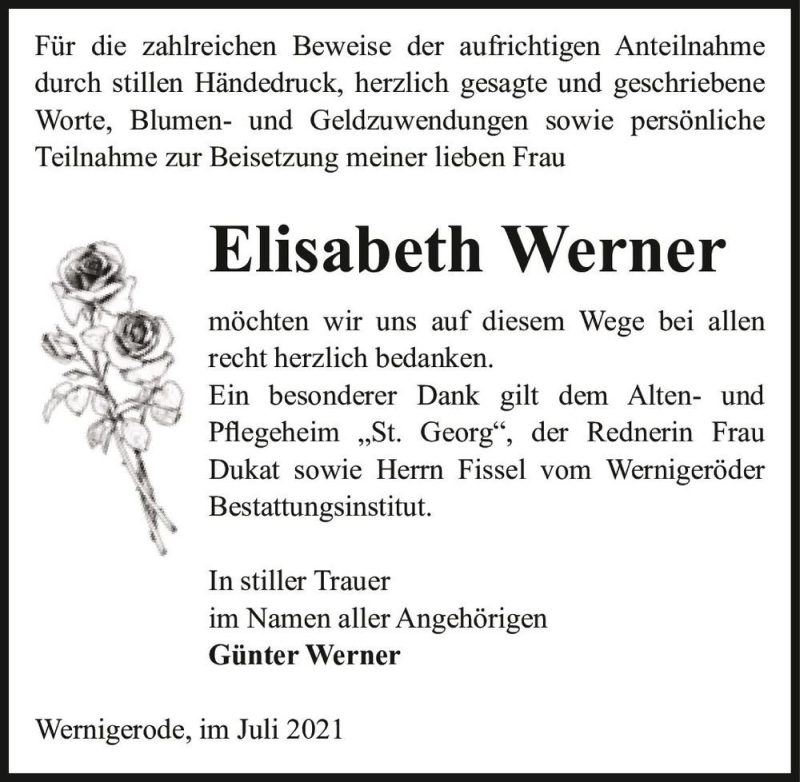  Traueranzeige für Elisabeth Werner  vom 19.07.2021 aus Magdeburger Volksstimme
