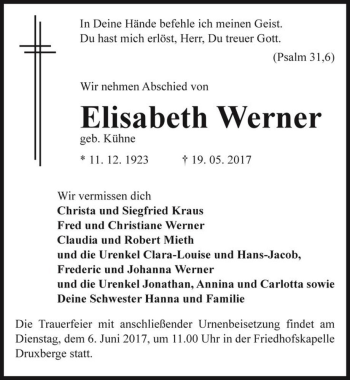 Traueranzeige von Elisabeth Werner (geb. Kühne)  von Magdeburger Volksstimme