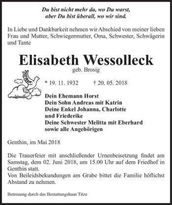Traueranzeige von Elisabeth Wessolleck (geb. Brosig)  von Magdeburger Volksstimme