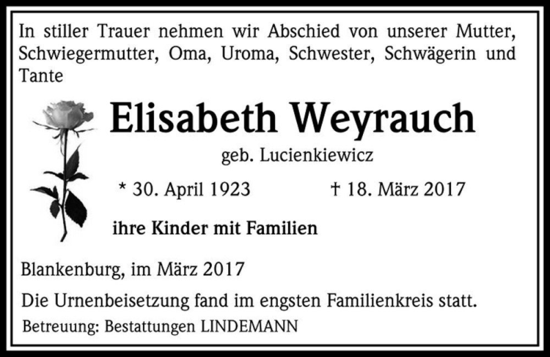 Traueranzeige für Elisabeth Weyrauch (geb. Lucienkiewicz)  vom 29.04.2017 aus Magdeburger Volksstimme