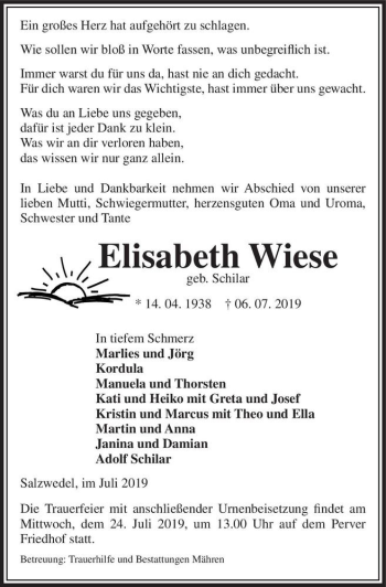 Traueranzeige von Elisabeth Wiese (geb. Schilar)  von Magdeburger Volksstimme