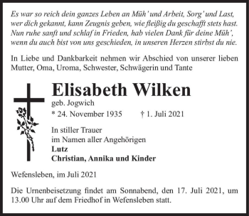 Traueranzeige von Elisabeth Wilken (geb. Jogwich)  von Magdeburger Volksstimme