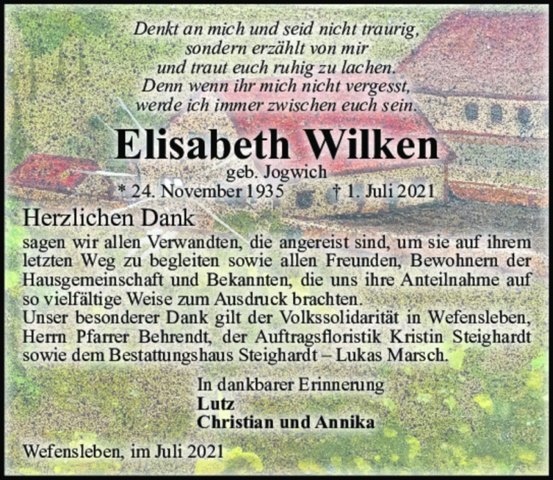  Traueranzeige für Elisabeth Wilken (geb. Jogwich)  vom 31.07.2021 aus Magdeburger Volksstimme
