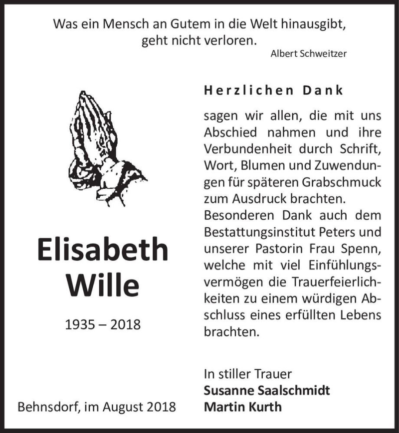  Traueranzeige für Elisabeth Wille  vom 15.08.2018 aus Magdeburger Volksstimme