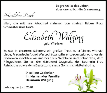 Traueranzeige von Elisabeth Willging (geb. Wiedner)  von Magdeburger Volksstimme