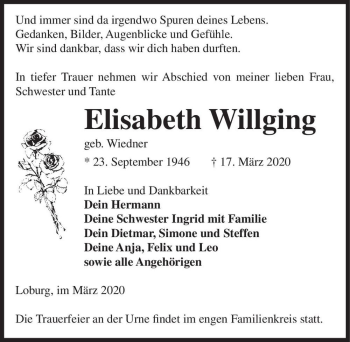 Traueranzeige von Elisabeth Willging (geb. Wiedner)  von Magdeburger Volksstimme