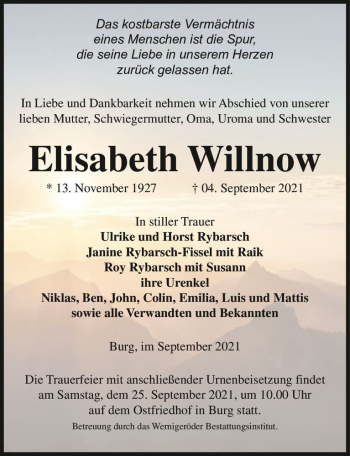 Traueranzeige von Elisabeth Willnow  von Magdeburger Volksstimme