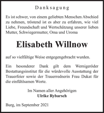 Traueranzeige von Elisabeth Willnow  von Magdeburger Volksstimme