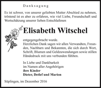 Traueranzeige von Elisabeth Witschel  von Magdeburger Volksstimme