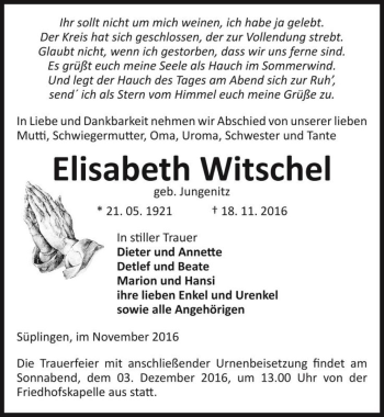Traueranzeige von Elisabeth Witschel (geb. Jungenitz)  von Magdeburger Volksstimme