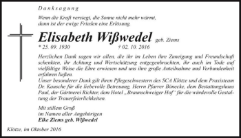 Traueranzeige von Elisabeth Wißwedel (geb. Ziems)  von Magdeburger Volksstimme
