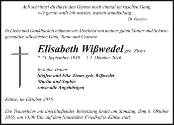 Traueranzeige von Elisabeth Wißwedel (geb. Ziems)  von Magdeburger Volksstimme