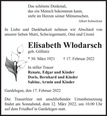Traueranzeige von Elisabeth Wlodarsch (geb. Göllnitz)  von Magdeburger Volksstimme