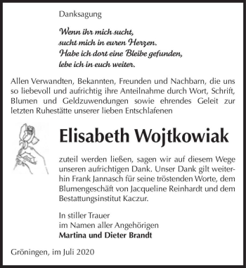 Traueranzeige von Elisabeth Wojtkowiak  von Magdeburger Volksstimme