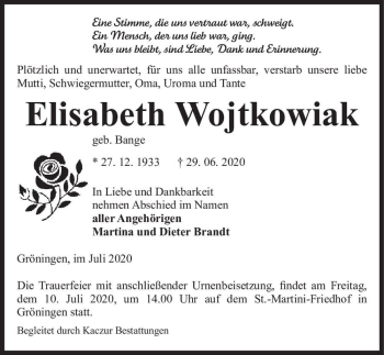 Traueranzeige von Elisabeth Wojtkowiak (geb. Bange)  von Magdeburger Volksstimme