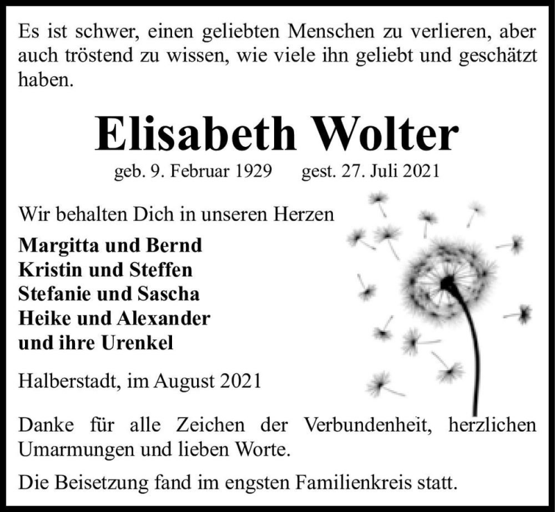  Traueranzeige für Elisabeth Wolter  vom 14.08.2021 aus Magdeburger Volksstimme