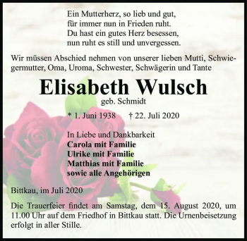 Traueranzeige von Elisabeth Wulsch (geb. Schmidt)  von Magdeburger Volksstimme