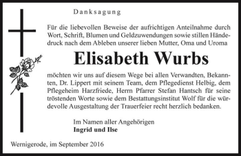Traueranzeige von Elisabeth Wurbs  von Magdeburger Volksstimme