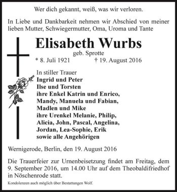 Traueranzeige von Elisabeth Wurbs (geb. Sprotte)  von Magdeburger Volksstimme